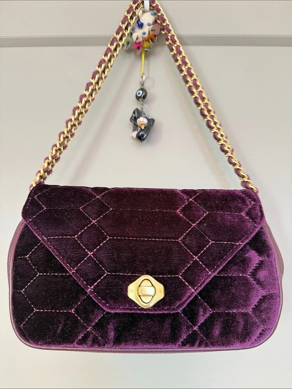 Aimee Kestenberg Velvet Quilted Shoulder Bag in Purple & Pink